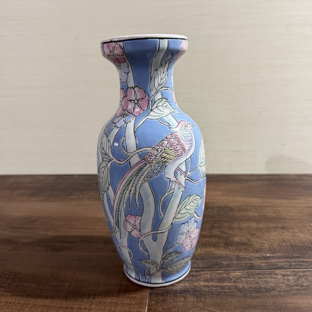 VTG WBI Chinese Pastel Blue Embossed Bird & Floral Pattern Porcelain Vase 10"